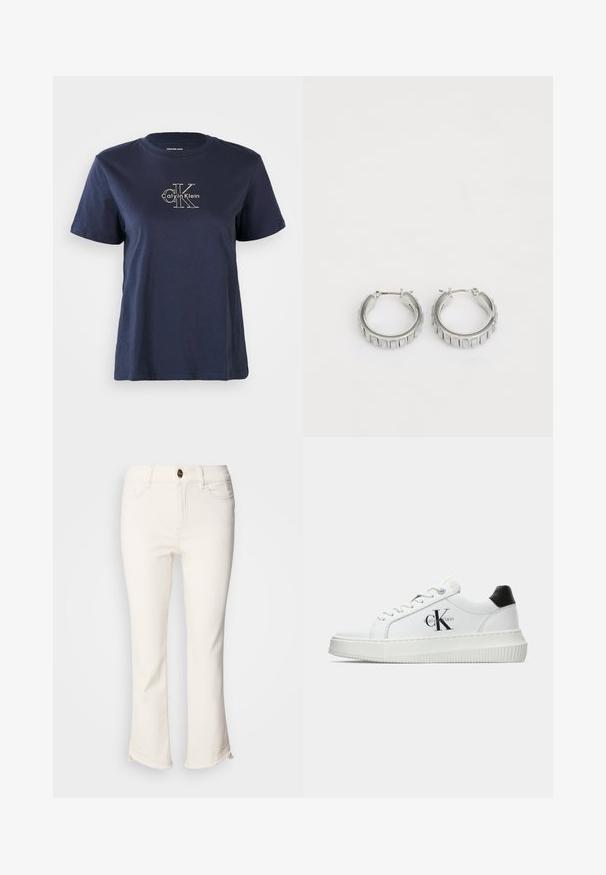 Ναυτικό μπλε βαμβακερό t-shirt με κοντά μανίκια, φέρει λογότυπο "Calvin Klein" σε λευκό χρώμα στο κέντρο του μπροστινού μέρους. Στρογγυλή λαιμόκοψή, άνετη εφαρμογή.; Λευκά, κολακευτικά τζιν με φαρδιά εσωτερική κάτω άκρη. Διαθέτουν κλείσιμο με κουμπί, μπροστινές τσέπες και ελαφρώς φθαρμένο τελείωμα. Ύφασμα τζιν.; Λευκό αθλητικό παπούτσι χαμηλού προφίλ με μαύρη ταμπέλα στη φτέρνα, πλατφόρμα, κορδόνια και λογότυπο "CK" της Calvin Klein στο πλάι.; Ασημένια σκουλαρίκια κρίκοι με υφή που διαθέτει κατακόρυφες ραβδώσεις. Κυκλικός σχηματισμός με ασφαλές κλείσιμο. Λείος φινίρισμα.