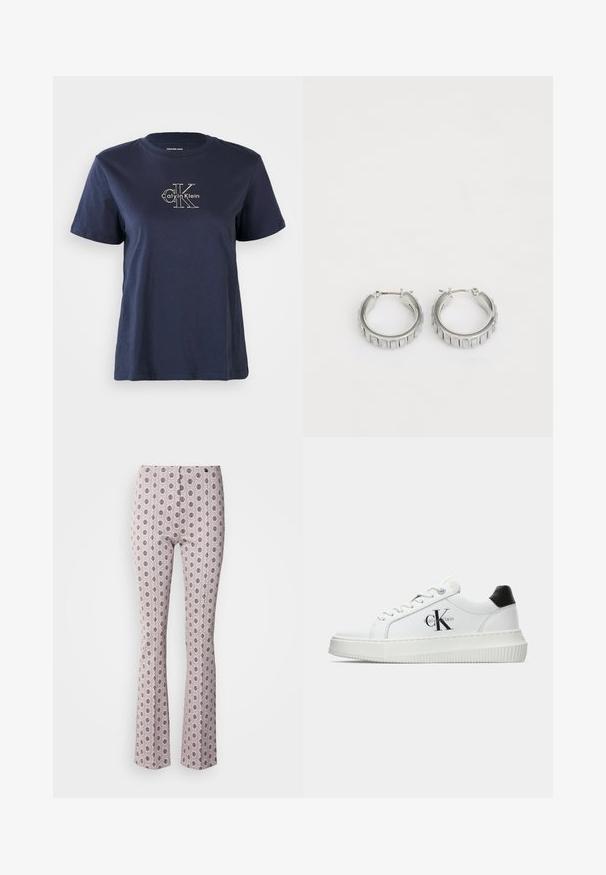 Navyblaue Baumwoll-T-Shirt mit kurzen Ärmeln, das auf der Vorderseite ein kleines weißes "Calvin Klein"-Logo in der Mitte trägt. Rundhalsausschnitt, lässige Passform.; Schicke Schlaghosen aus hellrosa Stoff mit einem komplizierten, kreisförmigen Muster in Schwarz. Strukturierte Gestaltung mit hohem Taillenbund und feinen Nähdetails.; Weiße Low-Top-Sneaker mit schwarzem Fersenpatch, Plateau-Sohle, Schnürsenkeln und Calvin Klein "CK"-Logo an der Seite.; Silberne Creolen mit texturiertem Design und vertikalen Rillen. Kreisförmige Form mit sicherem Verschluss. Glatte Oberfläche.