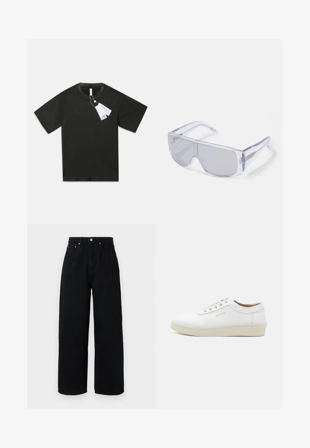 Crna pamučna majica kratkih rukava s okruglim izrezom i pričvršćenim bijelim oznakama proizvoda koje vise s ovratnika na običnoj bijeloj pozadini.; Crne wide-leg hlače od pamuka, s visokim strukom, prednjim džepovima, srebrnim dugmetom i čistom donjom rubom.; Bijele kožne tenisice s teksturiranim finishom, okruglim vrhom, bež gumiranim potplatom i šest sivih rupica za vezice, koje imaju suptilni branding sa strane.; Naočale za sunce s prozirnim plastičnim okvirom i tamnim lećama, s omotavajućim dizajnom i teksturiranim bočnim detaljima.