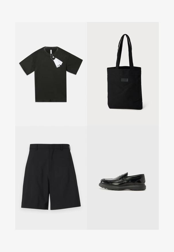 Camiseta de algodón negra de manga corta con cuello redondo y etiquetas de producto blancas adjuntas colgando del cuello sobre un fondo blanco liso.; Pantalones cortos negros de tela suave con un diseño ajustado, que presentan un frente plano y dos bolsillos laterales, además de una cinturilla regular.; Mocasín de cuero negro con un acabado brillante, punta redondeada, detalles de costura sutiles y una suela de goma gruesa para mayor durabilidad.; Bolsa de lona negra con dos asas, que presenta una parte superior plana, superficie texturizada y un pequeño logotipo en relieve en la parte delantera.