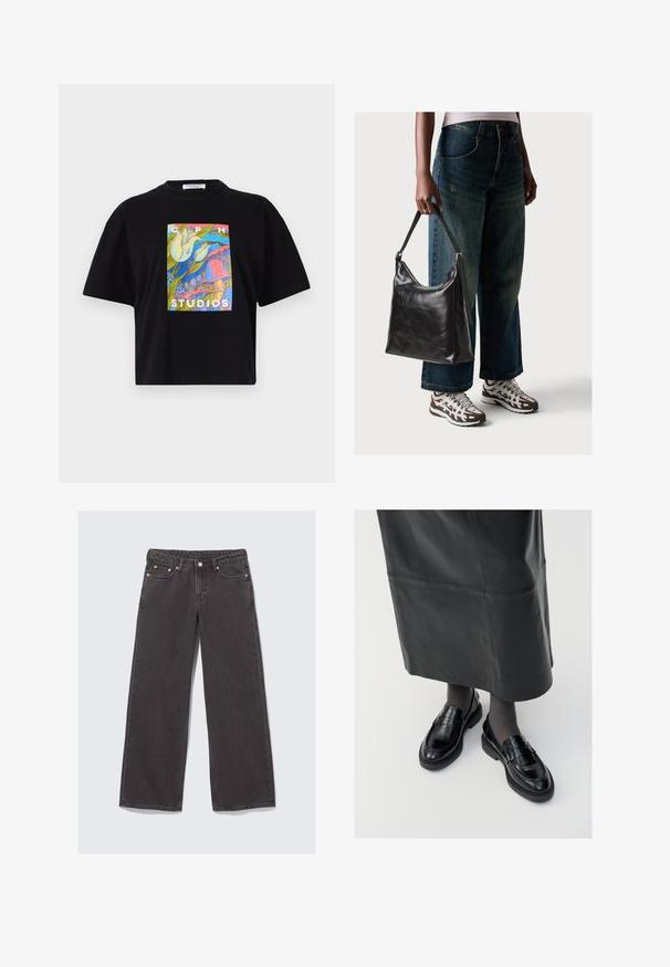Tricou scurt negru cu un imprimeu grafic colorat care conține textul "CPH STUDIOS" și motive florale în culori vibrante.; Jeans cu picioare largi, fabricate din denim gri închis. Caracteristicile includ talie înaltă, accesorii din cupru și design clasic cu cinci buzunare.; Loaferi negri din piele cu o finisare netedă, dotati cu o curea decorativă, vârf rotund și talpă texturată. Purtați cu o fustă lungă din piele neagră.; Geantă de umăr din piele neagră, cu o textură netedă și curea ajustabilă, asortată cu blugi evazați și adidași.