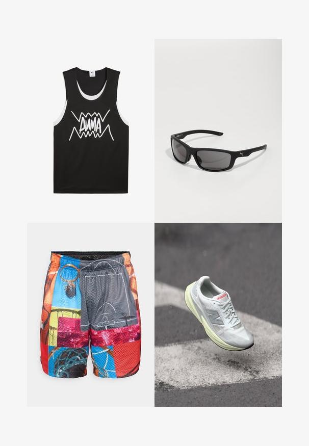 Melnā bezpiedurkņu krekls ar baltām akcentiem, centrā ir drosmīgs, stilizēts "PUMA" logo. Izgatavots no sieta līdzīga auduma.; Mrežu basketbola šorti ar daudzkrāsainu apģērba dizainu, kas attēlo basketbola bumbas, grozus un laukumus; elastīgs jostasvieta ar auklu.; Viegls skriešanas apavs ar baltu tīkla augšdaļu, dzeltenu starpsienu un pelēkiem akcentiem. Iezīmējas ar izteiktu 'N' logotipu un teksturētu virsmu.; Melni saulesbrilles ar matētu apdari, taisnstūra lēcas un izteikta logo akcenta uz tempļa. Polarizētās lēcas, UV aizsardzība.