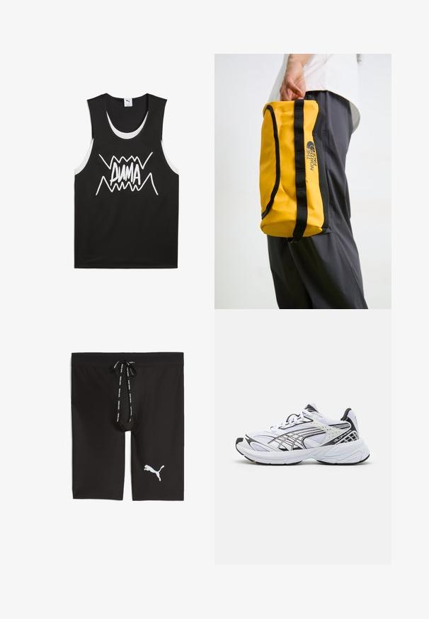 Crna bezrukavna majica s bijelim naglascima koja sadrži hrabri, stilizirani "PUMA" logo u središtu. Izrađena od mrežastog materijala.; Crne atletske kratke hlače od glatkog materijala s mrežastim pojasom. Imaju vezicu i bijeli Puma logotip na lijevoj strani.; Bijela atletska cipela s crnim akcentima. Gornji dio od mrežastog i sintetičkog materijala, debeli potplat i zaobljeni dizajn. Ima vezanje sprijeda i detalje s logotipom.; Žuta cilindrična torba s crnim akcentima, opremljena čvrstom ručkom i logotipom. Izrađena od izdržljivog materijala, s glatkom, sjajnom teksturom.