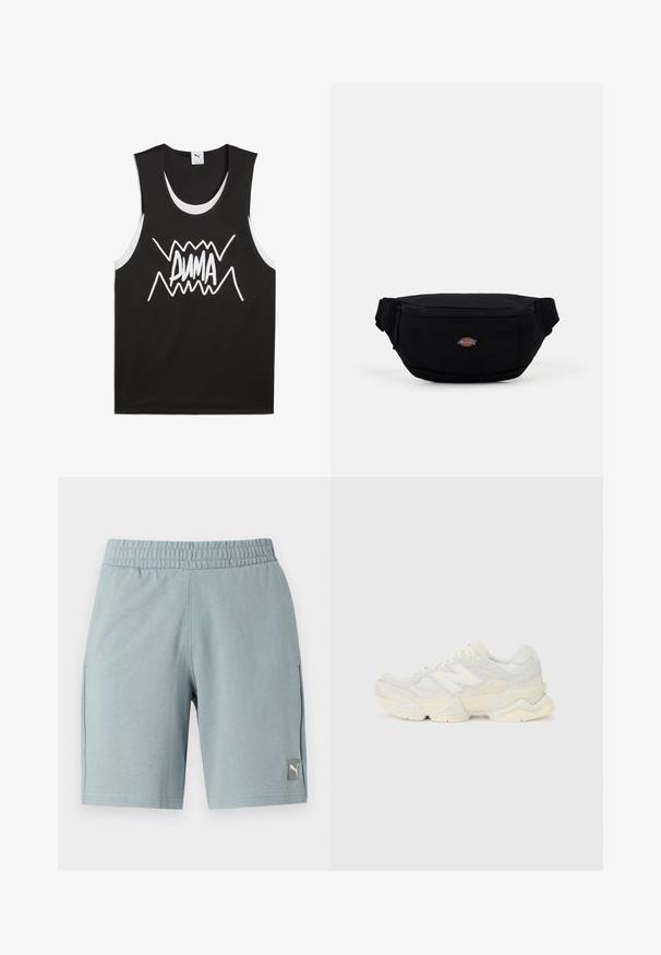 Melnā bezpiedurkņu krekls ar baltām akcentiem, centrā ir drosmīgs, stilizēts "PUMA" logo. Izgatavots no sieta līdzīga auduma.; Gaiši zili sporta šorti ar elastīgu jostasvietu, sānu kabatām un mazu Puma logo uzlīmi kreisajā priekšpusē. Gluda auduma tekstūra.; Vieglas sporta apavus ar sieta un zamšādas augšdaļu maigos krēma tonī, ar masīvu zoli un trīsdimensionāliem akcentiem.; Melns auduma jostas soma ar rāvējslēdzēja aizdari, ar nelielu zīmola logotipu priekšpusē. Kompakta, noapaļota forma ar regulējamām siksnām.