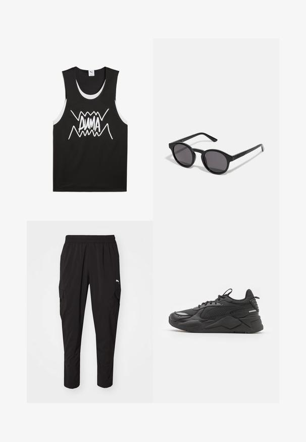 Svart ermeløs tanktop med hvite detaljer som har en dristig, stilisert "PUMA" logo i sentrum. Laget av et mesh-lignende stoff.; Svart cargo bukser med elastisk midje, med sidelommer og et stilrent, lett stoff. Egnet for avslappet eller aktiv bruk.; Svart sneakers med en teksturert overdel, som har mesh og syntetiske materialer, en tykk såle og reflekterende detaljer for synlighet.; Svarte solbriller med en rund, litt bølgete ramme, mørke linser og rette svarte stenger. Glatt, glanset finish uten synlige mønstre.