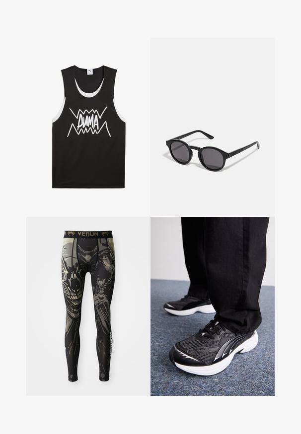 Black sleeveless tank top with white accents featuring a bold, stylized "PUMA" logo in the center. Made from a mesh-like fabric.; Black and gray compression leggings with a detailed robot or cyborg face design and "VENUM" logo on the waistband.; Black athletic shoes with mesh fabric, white sole, and black accents. Tread is textured. Worn with black pants on a blue carpeted surface.; Black sunglasses with a round, slightly wavy frame, dark lenses, and straight black arms. Smooth, glossy finish with no visible patterns.