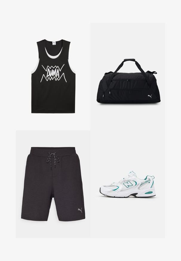 Svart ärmlös tanktopp med vita detaljer som har en djärv, stiliserad "PUMA"-logotyp i mitten. Tillverkad av ett nätliknande tyg.; Mörkgråa sportshorts för män, tillverkade av mjukt tyg. De har en elastisk midja med dragsko och en liten silverlogotyp på sidan.; Vit sportskor med mesh- och syntetpanelen, turkosa accenter, rund tå, snörning framtill och svart gummisula.; Svart duffelväska tillverkad av slitstark tyg, med dubbla dragkedjefack, vadderade handtag och en vit Puma-logotyp på sidan.