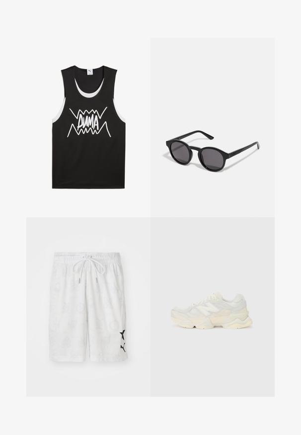 Schwarzes ärmelloses Tanktop mit weißen Akzenten, das ein auffälliges, stilisiertes "PUMA"-Logo in der Mitte zeigt. Hergestellt aus einem netzartigen Stoff.; Weiße Badeshorts mit zartem Muster, ausgestattet mit einem verstellbaren Bund und schwarzen Logo-Akzenten an der Seite. Hergestellt aus leichtem Material.; Leichte Sneaker mit einem Obermaterial aus Mesh und Wildleder in sanften Cremetönen, einer dicken Sohle und dreidimensionalen Akzenten.; Schwarze Sonnenbrille mit einem runden, leicht gewellten Rahmen, dunklen Gläsern und geraden schwarzen Bügeln. Glatte, glänzende Oberfläche ohne sichtbare Muster.