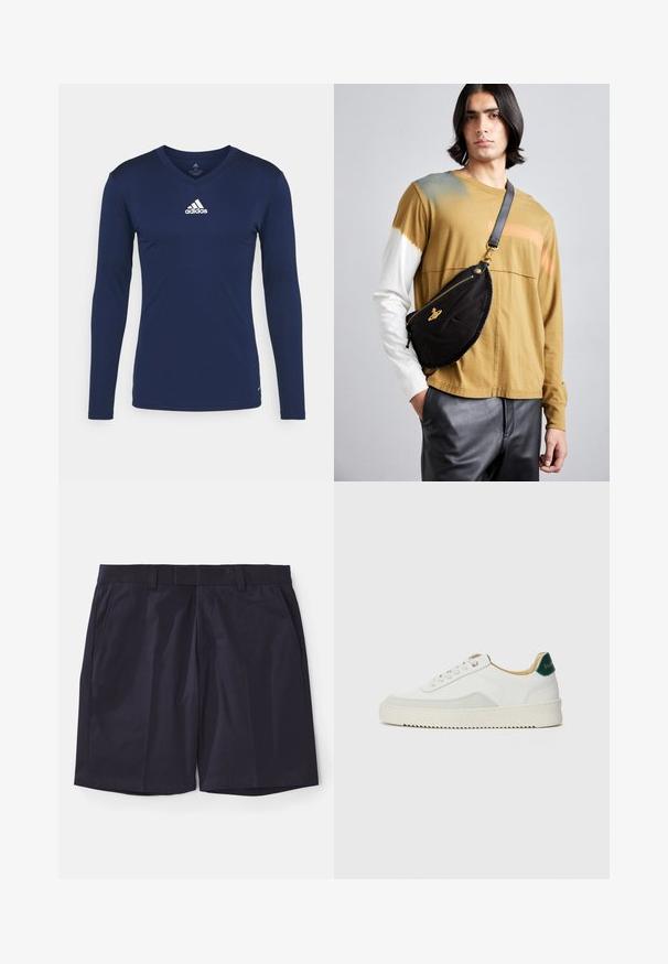 Tengerészkék, hosszú ujjú sportpóló, texturált anyagból, V-kivágással és fehér Adidas logóval a mellrészen. Egyszerű dizájn, testhezálló forma.; Sötétkék rövidnadrág sima anyagból, lapos elülső résszel, övhurkokkal és oldalsó zsebekkel; a szegélye egyenes szélekkel van ellátva a letisztult megjelenés érdekében.; Fehér sneaker suédé részletekkel, kerek orral, lapos fűzőkkel és krémszínű gumitalppal. Zöld logó található a sarkán.; Vivienne Westwood CITY BUMBAG UNISEX - Övtáska - black