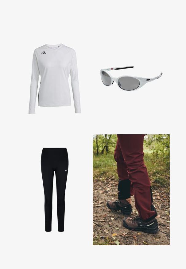 Camiseta deportiva de manga larga en tejido blanco, con un cuello redondeado y el logo de Adidas en negro en el hombro izquierdo y en el lateral.; Leggings negros hechos de tela elástica, con una cintura alta y un pequeño logo en el muslo izquierdo, diseñados para la comodidad y la movilidad.; Botas de senderismo marrones con acentos negros y suelas resistentes, combinadas con pantalones impermeables burdeos que tienen paneles laterales y cremalleras negras.; Gafas de sol de plástico blanco con grandes lentes ovalados, tintados de gris. Presentan almohadillas negras para las orejas y un pequeño logotipo en el armazón. Acabado suave.; Salomon ACTIVE SKIN 12 SET UNISEX - Mochila de hidratación - black; Guantes negros hechos de un tejido texturizado, con segmentación de dedos y una punta de dedo sensible al tacto. Logo "SALOMON" en blanco en el costado.