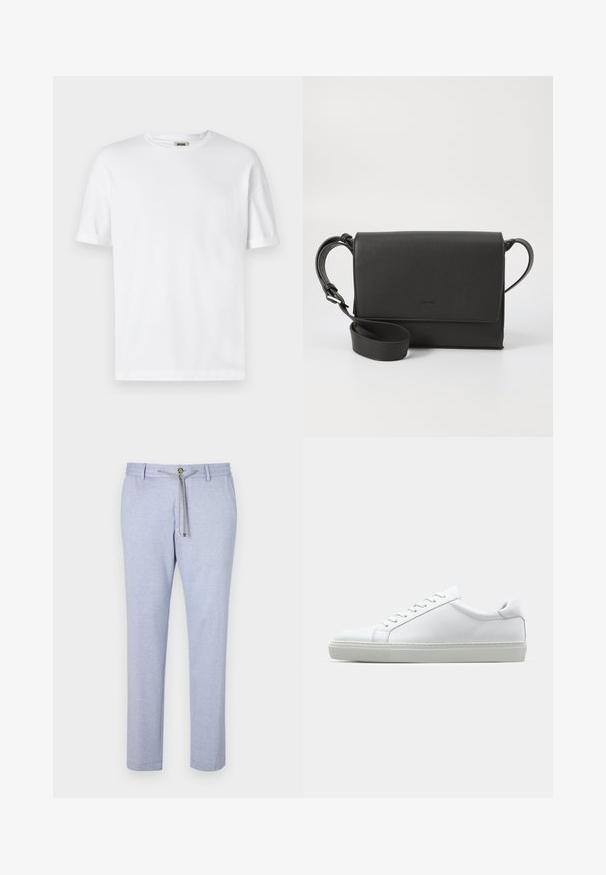 Camiseta de algodón blanca con cuello redondo, mangas cortas y puños enrollados; diseño sin adornos, textura suave y corte recto.; Pantalones casuales en azul claro, fabricados con una tela suave, que cuentan con cierre de cordón, detalle de botón y un diseño de pierna ajustada con una textura suave.; Zapatilla blanca con parte superior de cuero liso y perfil bajo. Presenta una puntera redondeada, seis ojales y una suela de goma texturizada.; Bolsa cruzada de cuero negra con un acabado texturizado, forma rectangular, cierre de solapa, correa ajustable y detalle sutil del logo.