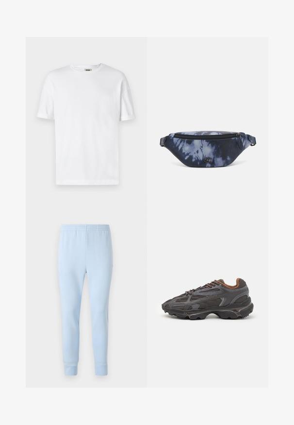 Witte katoenen t-shirt met een ronde hals, korte mouwen en omgeslagen mouwen; ongecompliceerd ontwerp, zachte textuur en rechte snit.; Lichtblauwe sweatpants van zacht stof, met een elastische tailleband en taps toelopende boorden. Geen zichtbare patronen of hardwareaccenten.; Lacoste sneakers in donkergrijs van mesh en synthetisch materiaal, met een gestructureerde zool en bruine accenten op de kraag en branding.; Fanny pack in donkerblauw tie-dye print met een ritssluiting bovenaan, textuur materiaal en een opvallend logo op de voorkant.
