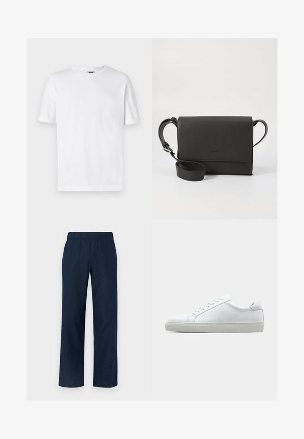 Balta medvilninė marškinė su apvaliu kaklu, trumpomis rankovėmis ir suktukais; paprastas dizainas, minkšta tekstūra ir tiesus kirpimas.; Tamsiai mėlynos plačios kelnes su elastinga juosta, turinčios dvi priekinės kišenes ir lygią, lengvą medžiagos tekstūrą.; Baltas sportinis batelis su lygiu odiniu paviršiumi ir žemu profiliu. Turi suapvalintą pirštą, šešis akių skyrius ir tekstūruotą gumos padą.; Juodas odinis per petį nešiojamas krepšys su tekstūruota apdaila, stačiakampio formos, su užsegimu ant dangtelio, reguliuojama juosta ir subtiliu logotipo akcentu.