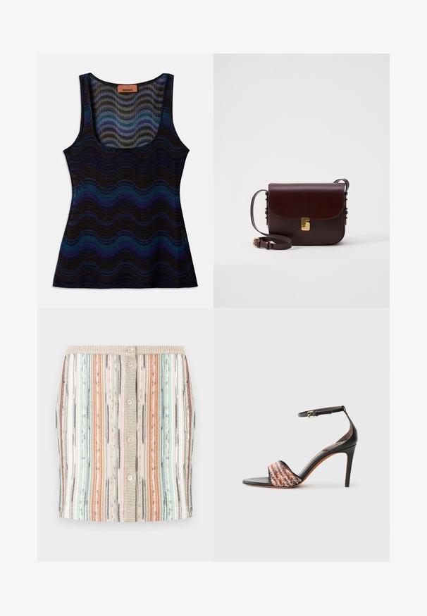 Mouwloos topje met een golvend patroon in tinten van blauw, zwart en grijs. Gemaakt van lichtgewicht materiaal, met een ronde hals en een geribbelde structuur.; Gestreepte gebreide rok in pastelkleuren, waaronder mintgroen, koraal en beige. Heeft een knoopsluiting aan de voorkant en een gestructureerde tailleband.; Zwarte hak sandaal met een enkelbandje. Kenmerkt zich door een textuur, multicolor stoffen band over de tenen. Gladde leren afwerking.; Bruine leren tas met een klepsluiting, gouden accenten en een verstelbare schouderriem. Heeft een gladde textuur en een slanker rechthoekig ontwerp.