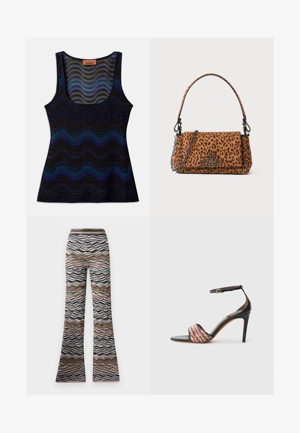 Ujjatlan felső hullámos mintával kék, fekete és szürke árnyalatokban. Könnyű anyagból készült, kerek nyakkivágással és bordázott textúrával rendelkezik.; Lazán bővülő nadrágok hullámos mintával fekete, fehér és barna árnyalatokban. Puha anyag, rugalmas derékpánttal a kényelmes viseletért.; Fekete sarkú szandál bokapánttal. Az orrán egy textúrált, multiszínű szövetcsík található. Simára csiszolt bőr felső.; Leopárdmintás bőrönd velúr anyagból, rövid fogantyúval, lánc pánttal és fekete fémzárral. Téglalap alakú, hajtókás záródással.