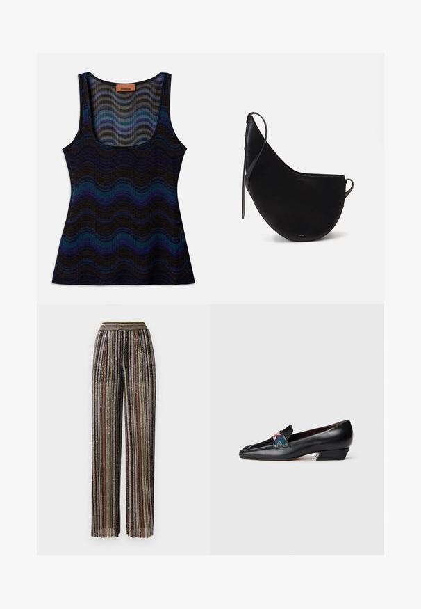 Ujjatlan felső hullámos mintával kék, fekete és szürke árnyalatokban. Könnyű anyagból készült, kerek nyakkivágással és bordázott textúrával rendelkezik.; Redőzött, bő szárú nadrág sokszínű fémes csíkokkal, fekete alapszínt kapott, rugalmas derékpánttal, ami csíkos mintázattal rendelkezik.; Fekete bőr, alacsony sarkú loafer, hegyes orral és színes mintás pánttal, fehér háttér előtt.; Fekete bőrtáska, ívelt holdformával, vékony pánttal és diszkrét arany logóval az elején. Simára kidolgozott felület minimális fémalkatrészekkel.