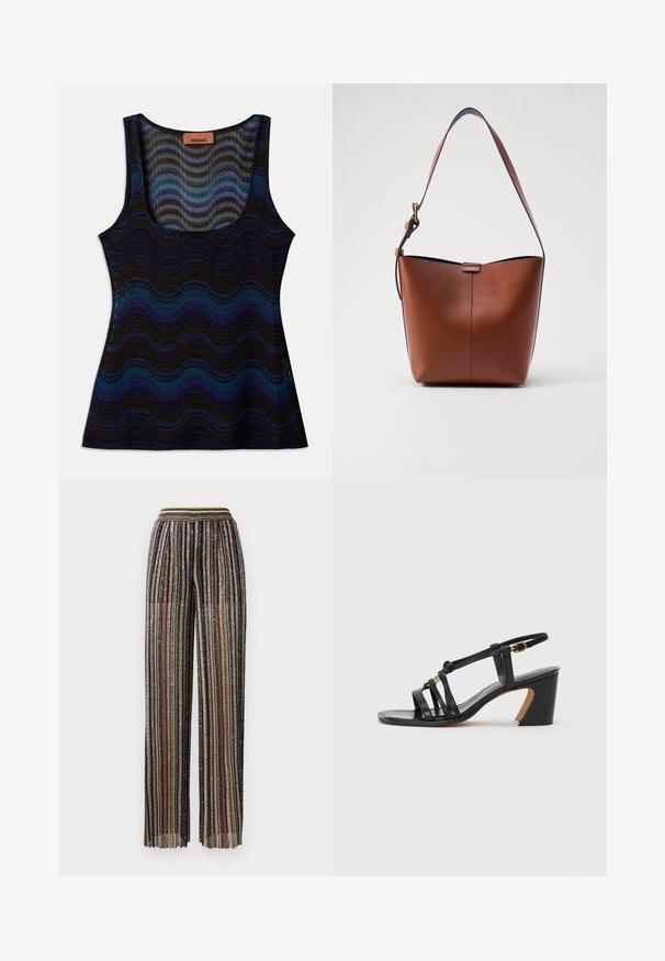 Sleeveless top with a wavy pattern in shades of blue, black, and gray. Made from lightweight material, featuring a scoop neckline and ribbed texture.; Pleated wide-leg trousers with multicolored metallic stripes, featuring a black base and an elastic waistband with a striped design.; Paul Smith AMIRA - Classic heels - black; Brown leather shoulder bag with a curved shape, smooth texture, and a single thin strap. Features a subtle seam and a small logo detail.