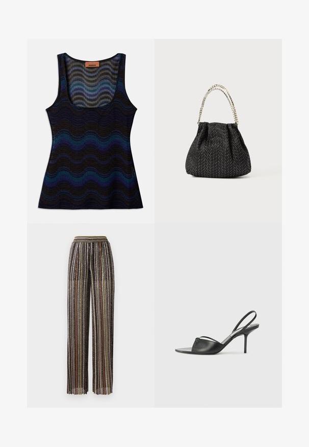 Sleeveless top with a wavy pattern in shades of blue, black, and gray. Made from lightweight material, featuring a scoop neckline and ribbed texture.; Pleated wide-leg trousers with multicolored metallic stripes, featuring a black base and an elastic waistband with a striped design.; Black leather slingback heels with a pointed toe, thin ankle strap, and stiletto heel. Features a knotted detail on the vamp.; Black textured handbag with a herringbone pattern, gathered design, and a metallic chain handle. Soft fabric offers a sleek appearance.