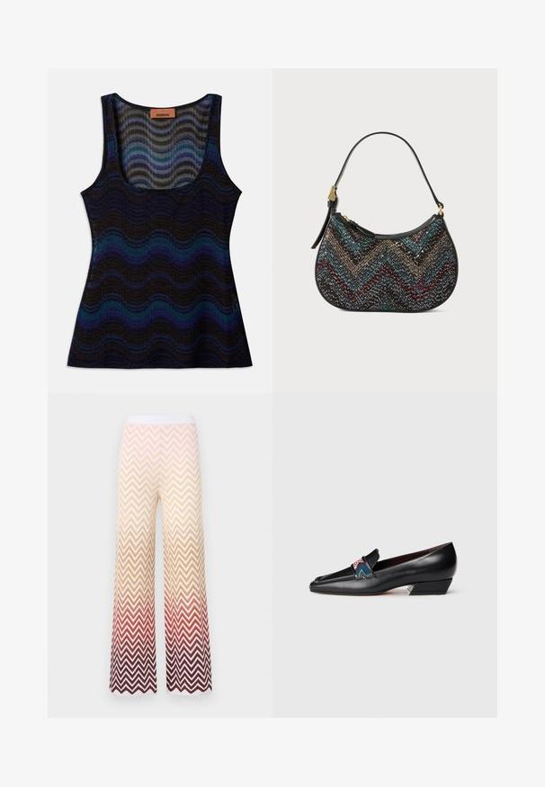 Bezramínkový top s vlnitým vzorem v odstínech modré, černé a šedé. Vyroben z lehkého materiálu, má výstřih do véčka a žebrovanou texturu.; Široké pletené kalhoty s vzorem zigzag chevron, přecházející od krémové přes oranžovou až po tmavě červenou, s bílým elastickým pasem.; Černé kožené nízké mokasíny s špičatou špičkou a barevným vzorovaným pásem na bílém pozadí.; Černá kabelka s křivkovým tvarem, která má vícebarevný vzor v chevron stylu a kovové nitě. Má kožený popruh a zlaté kovové doplňky.