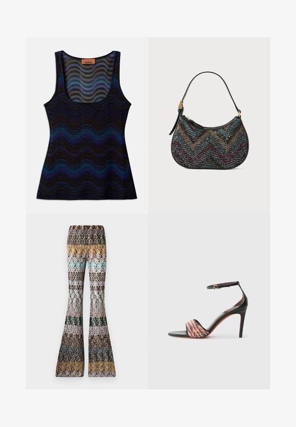 Sleeveless top with a wavy pattern in shades of blue, black, and gray. Made from lightweight material, featuring a scoop neckline and ribbed texture.; Knit flared pants with multicolored horizontal stripes in earthy tones, including mustard, teal, brown, black, pink, and grey.; Black heeled sandal with an ankle strap. Features a textured, multicolored fabric band across the toe. Smooth leather finish.; Black handbag with a curved shape, featuring a multicolored chevron pattern and metallic thread. It has a leather strap and gold hardware accents.
