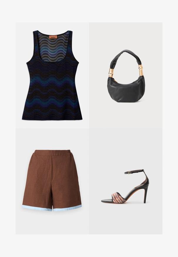 Sleeveless top with a wavy pattern in shades of blue, black, and gray. Made from lightweight material, featuring a scoop neckline and ribbed texture.; Brown linen shorts with an elastic waistband, featuring a light blue hem. The design is tailored with side pockets and a straight cut.; Black heeled sandal with an ankle strap. Features a textured, multicolored fabric band across the toe. Smooth leather finish.; Black leather handbag with a round shape, soft texture, and a knotted handle featuring gold-tone hardware accents. Zipper closure.