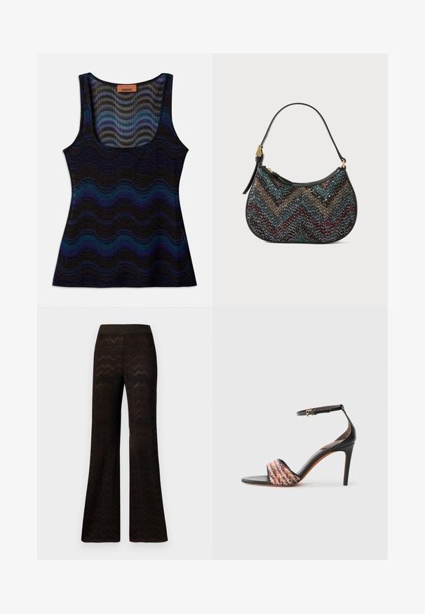 Mouwloos topje met een golvend patroon in tinten van blauw, zwart en grijs. Gemaakt van lichtgewicht materiaal, met een ronde hals en een geribbelde structuur.; Zwarte wijde broek met een zigzagbreipatroon en elastische tailleband, tentoongesteld tegen een eenvoudige witte achtergrond.; Zwarte hak sandaal met een enkelbandje. Kenmerkt zich door een textuur, multicolor stoffen band over de tenen. Gladde leren afwerking.; Zwarte handtas met een gebogen vorm, voorzien van een gekleurd chevronpatroon en metallic draad. Het heeft een leren band en gouden hardware accenten.