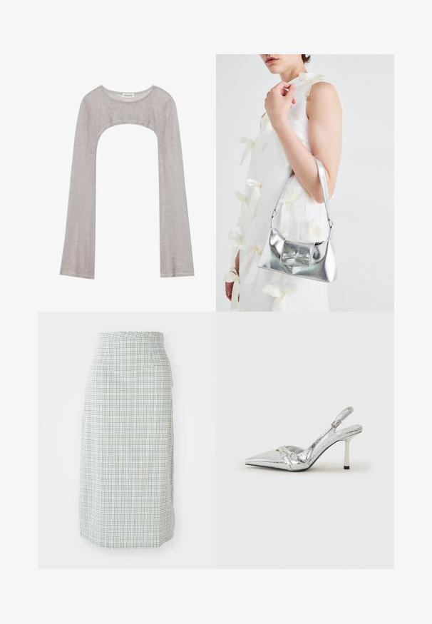 Srebrna bluza z dolgimi rokavi in okroglim izrezom, z izrezom spodaj. Narejena iz teksturiranega materiala, z oprijetim krojem in razširjenimi rokavi.; Krilo dolžine do kolen v svetlo zeleni in beli karirasti vzorec, ki ima gladko teksturo in prilegajoč silhuet s stranskimi žepi.; Srebrna slingback visoka peta čevlja s špičastim nosom, metalnim finišem, dvema dekorativnima trakama in tanko peto z črnim vrhom.; Srebrna metalna torbica z oblikovano strukturo, ki ima zgornji ročaj in detajl v obliki mašne spredaj. Gladka tekstura, z odsevnimi površinami.