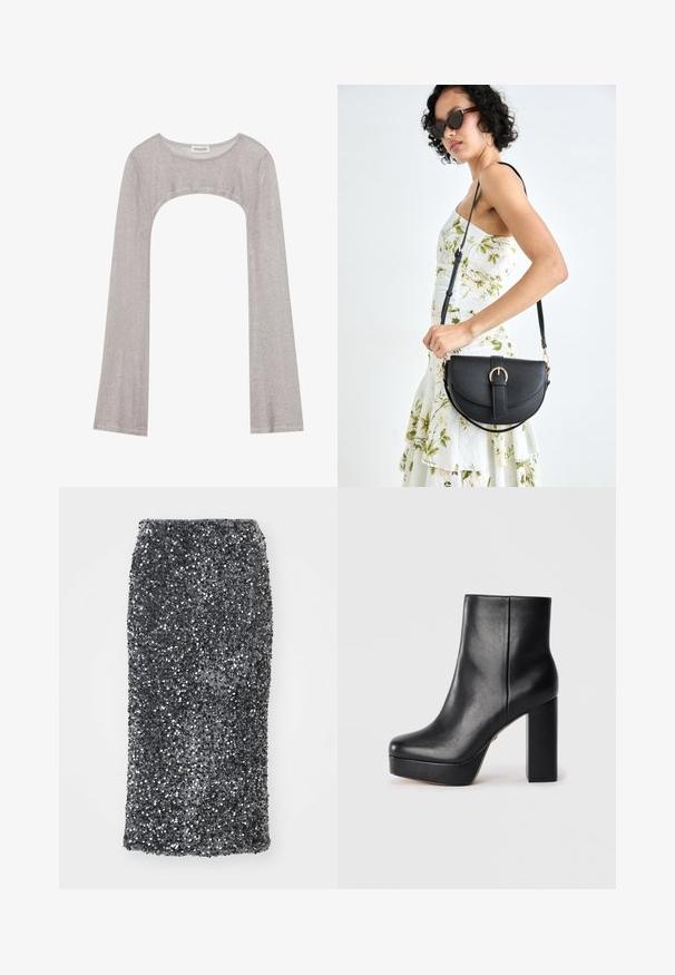 Sudraba garām piedurknēm augšdaļa ar noapaļotu dekoltē un izgriezumu zemāk. Izgatavota no teksturēta auduma, ar pieguļošu dizainu un plandošām piedurknēm.; Tumši pelēkās spīdīgas zīda svārki ar taisnu griezumu. Virsma pārklāta ar mirdzošiem, apaļiem spīguļiem, piešķirot teksturētu apdari.; Melnas ādas platforma potīšu zābaki ar kvadrātveida purngalu un biezu augstu blokveida papēdi, rādīti no sāniem uz balta fona.; Melnas ādas rokassoma ar izliekta formu, noņemamu siksnu un zelta aksesuāriem. Somai ir vāciņš ar sprādzes detaļu.