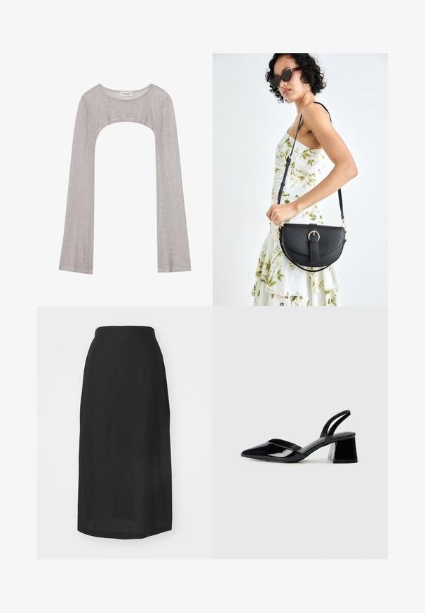 Silver long-sleeve top with a rounded neckline and cut-out below. Made of textured fabric, featuring a fitted design and flared sleeves.; Black linen midi skirt with a high waist, smooth texture, straight cut, and a hem that sits below the knee. No visible seams or patterns.; Black patent leather slingback heels with a pointed toe and a geometric block heel. Features a sleek, minimal design and smooth texture.; Black leather handbag with a curved shape, detachable strap, and gold hardware. The bag features a flap with a buckle detail.