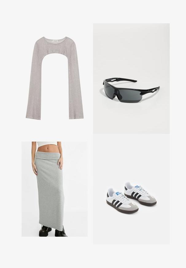 Silbernes Langarmoberteil mit rundem Ausschnitt und Cut-out darunter. Hergestellt aus strukturiertem Stoff, mit figurbetontem Design und ausladenden Ärmeln.; Stradivarius FOLD OVER WAIST - Maxirock - grey; Sportschuhe mit einem Obermaterial aus weißem Leder, grauer Wildleder-Zehenkappe und drei schwarzen Streifen. Sie verfügen über ein blaues Logo auf der Zunge und eine strukturierte Gummisohle.; Schwarze Sportsonnenbrille mit gebogenen Gläsern, leichtem Kunststoffrahmen und strukturierten Bügeln. Elegantes Design mit integriertem Nasensteg.; Schwarze gewebte Lederhandtasche mit lässigem Design, ausgestattet mit einem geknoteten Trageriemen und einem kleinen dekorativen goldenen Nagel am oberen Rand.