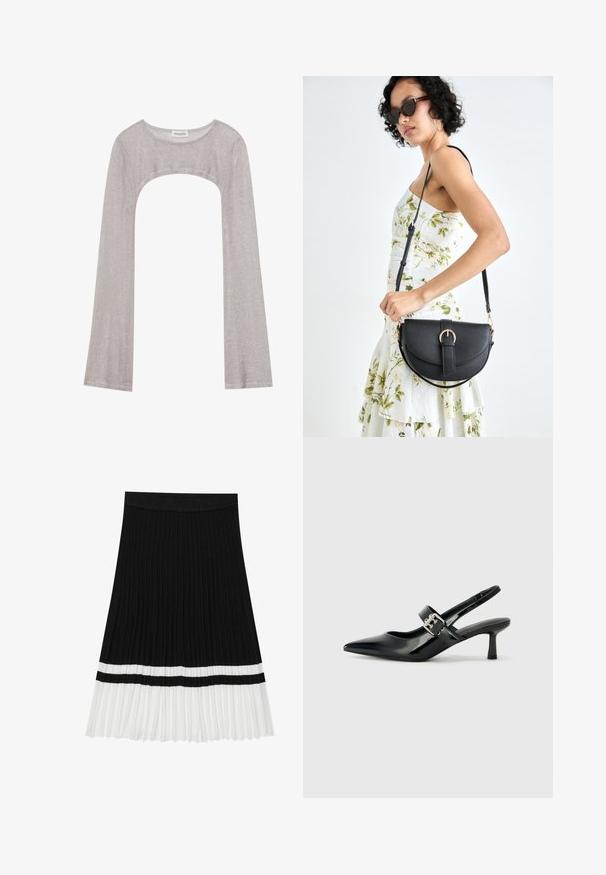 Silver långärmad topp med rundad halsringning och utskärning nedan. Tillverkad av texturerad tyg, med en figurnära design och utsvängda ärmar.; Svart plisserad kjol med en texturerad design, med vit fåll och en horisontell svart rand nära övergången till den vita delen.; Svarta patentläder slingback-klackar med spetsig tå och en liten blockklack, med en silvrig spänneaccent på remmen.; Svart läderhandväska med en böjd form, avtagbar rem och guldiga detaljer. Väskan har ett lock med en spänndetalj.