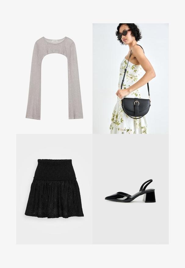 Top prateado de manga longa com um decote arredondado e recorte na parte inferior. Feito de tecido texturizado, apresentando um design ajustado e mangas largas.; Saia preta com uma cintura franzida e design em camadas, apresentando padrões florais bordados e um tecido texturizado.; Sandy em verniz preto com salto slingback, ponta afilada e salto geométrico. Apresenta um design elegante e minimalista com textura suave.; Bolsa de couro preta com forma curva, alça destacável e detalhes em dourado. A bolsa possui uma aba com detalhe de fivela.