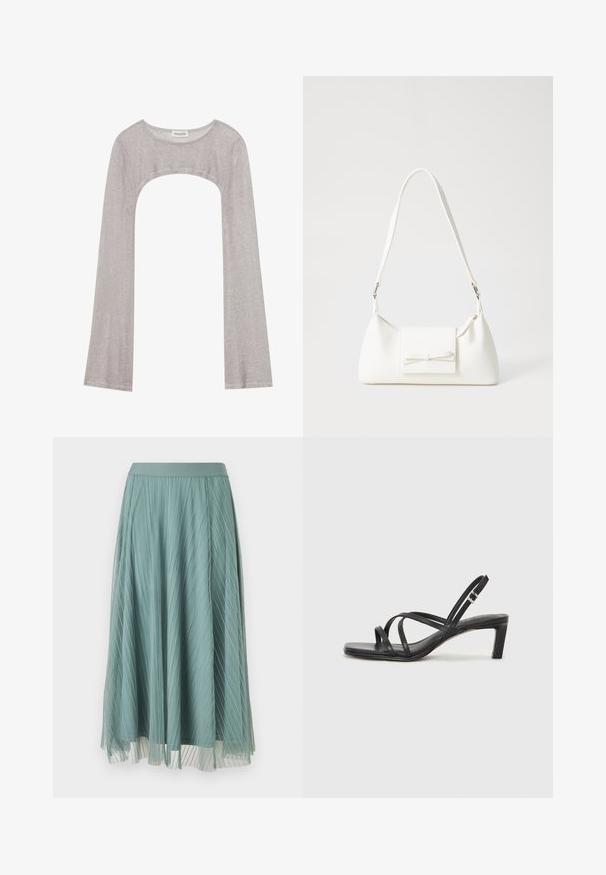 Strieborný top s dlhým rukávom a zaobleným výstrihom s výrezom nižšie. Vyrobený z texturovanej látky, s priliehavým strihom a rozšírenými rukávmi.; Plisovaná midi sukňa v matne tehlovej farbe, vyrobená z ľahkého materiálu. Obsahuje hladký pás a priesvitnú podšívku pre zvýšenie textúry.; Čierne sandále na vysokom podpätku so štvorcovou špičkou a nízkym blokovým podpätkom. Obsahujú viacero tenkých popruhov a nastaviteľný členkový popruh. Vyrobené z hladkej kože.; Biela syntetická kabelka s trojuholníkovým tvarom, plochým predným klapkou a detailom mašle, nastaviteľným popruhom, hladkou textúrou a minimalistickým dizajnom.