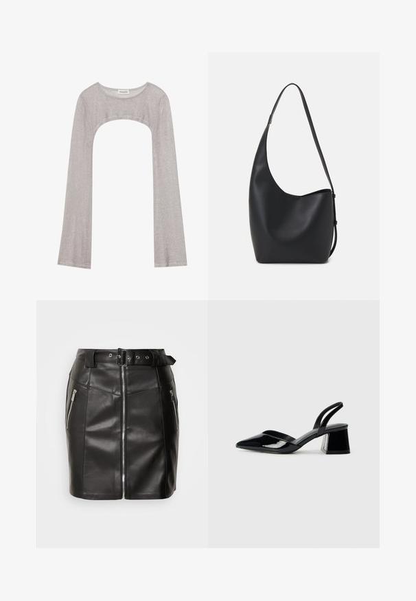 Bluza argintie cu mânecă lungă, decolteu rotund și o decupare dedesubt. Fabricată dintr-un material texturat, are un design ajustat și mâneci evazate.; Fustă mini din piele neagră cu un design ajustat, dotată cu un fermoar frontal, două buzunare laterale și o curea cu cataramă. Textură netedă.; Pantofi cu toc slingback din piele lacuită neagră, cu vârf ascuțit și toc geometric. Prezintă un design elegant, minimalist și o textură netedă.; Geantă hobo din piele neagră, cu o textură netedă, formă curbată și un singur bretele ajustabil; are o deschidere largă în partea de sus.
