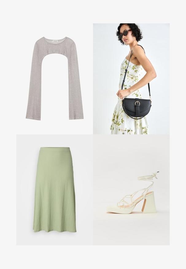 Sudraba garām piedurknēm augšdaļa ar noapaļotu dekoltē un izgriezumu zemāk. Izgatavota no teksturēta auduma, ar pieguļošu dizainu un plandošām piedurknēm.; Gaiši zaļa, līdz ceļiem garā svārku, kas izgatavota no teksturētas auduma, ar gludu jostu un nedaudz izplestu siluetu. Nav rakstu vai akcentu.; Baltas augstpapēžu sandales ar masīvu papēdi, ar siksnu dizainu un potītes saistītiem elementiem. Gluda tekstūra ar platformu priekšpusē, lai nodrošinātu papildu augstumu.; Melnas ādas rokassoma ar izliekta formu, noņemamu siksnu un zelta aksesuāriem. Somai ir vāciņš ar sprādzes detaļu.