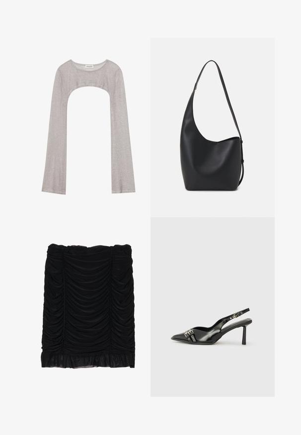 Haut argent à manches longues avec un col rond et une coupe en dessous. Fabriqué en tissu texturé, il présente un design ajusté et des manches évasées.; Mini jupe noire avec tissu froncé, présentant un design plissé et un ourlet en volants. Fabriquée en matière douce avec une texture lisse.; Chaussure slingback en cuir verni noir avec un embout pointu, des brides de cheville avec des boucles en argent et des éléments en métal, et un talon fin.; Sac hobo en cuir noir avec une texture lisse, une forme incurvée et une seule sangle réglable ; dispose d'une large ouverture en haut.