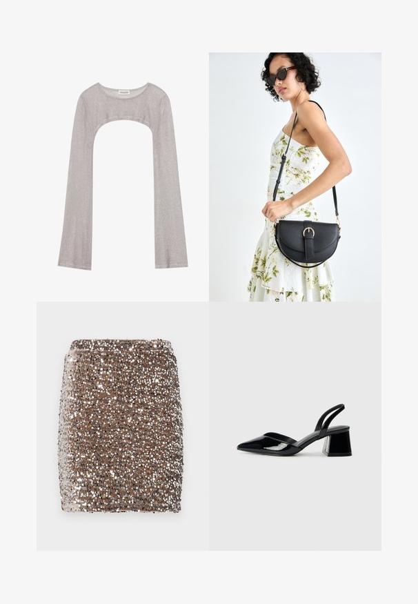 Bluza argintie cu mânecă lungă, decolteu rotund și o decupare dedesubt. Fabricată dintr-un material texturat, are un design ajustat și mâneci evazate.; Fustă mini cu paiete maro, cu un design ajustat, acoperită în paiete argintii reflectorizante, creând un efect texturat și strălucitor.; Pantofi cu toc slingback din piele lacuită neagră, cu vârf ascuțit și toc geometric. Prezintă un design elegant, minimalist și o textură netedă.; Geantă din piele neagră, cu o formă curbată, curea detașabilă și accesorii aurii. Geanta are un capac cu un detaliu tip cataramă.