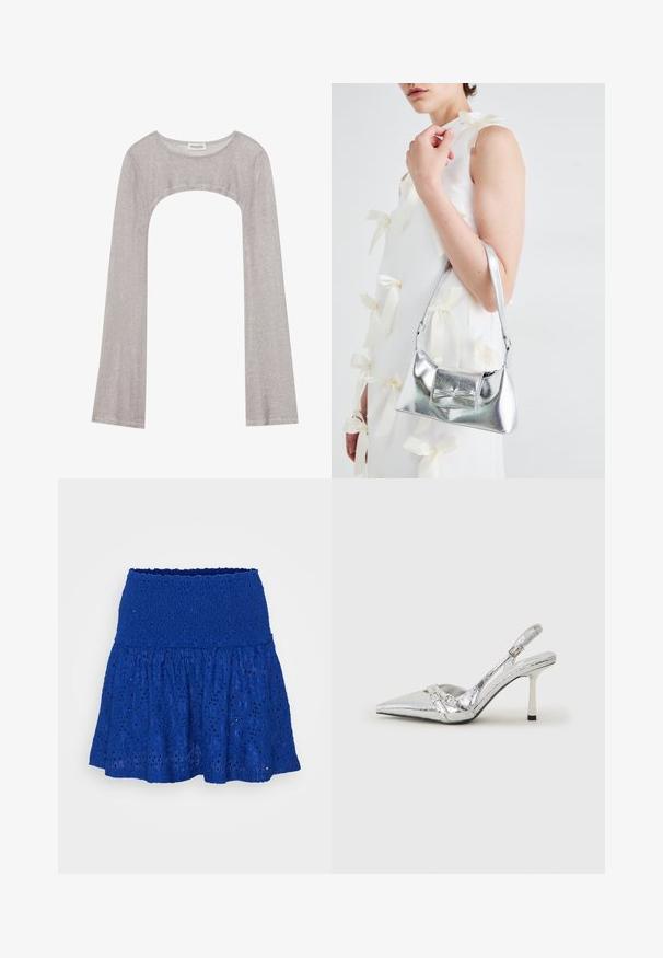 Top prateado de manga longa com um decote arredondado e recorte na parte inferior. Feito de tecido texturizado, apresentando um design ajustado e mangas largas.; Saia azul de renda com um padrão texturizado e bordado, apresentando uma silhueta fluida e um cós elástico.; Sapato de salto alto slingback prateado com bico fino, acabamento metálico, duas correias decorativas e um salto esbelto com ponta preta.; Bolsa metálica prateada com uma forma estruturada, apresentando uma alça superior e um detalhe de laço na frente. Textura suave, acabamento reflexivo.