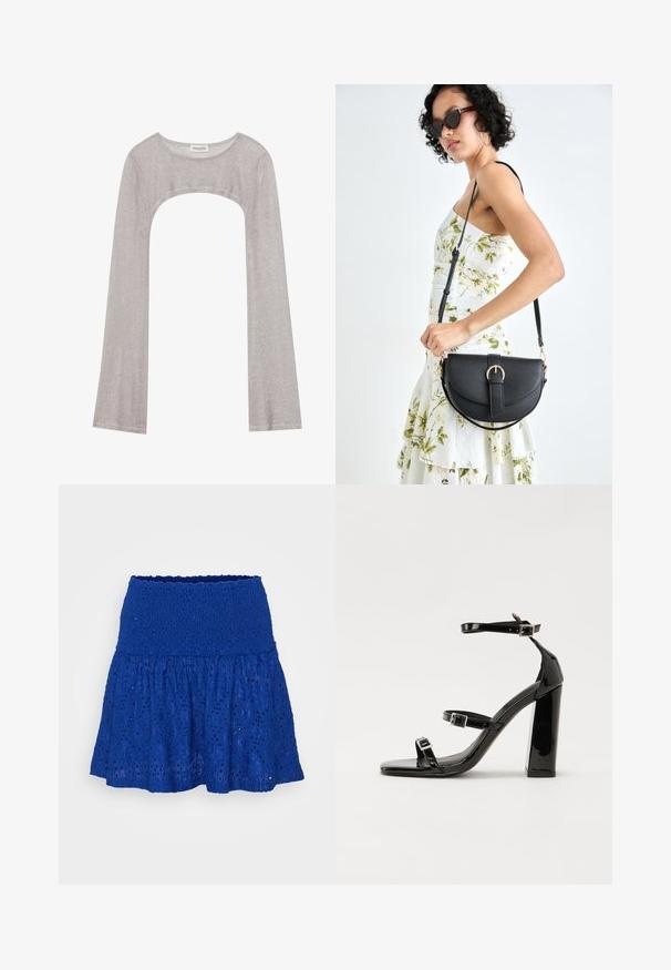 Top prateado de manga longa com um decote arredondado e recorte na parte inferior. Feito de tecido texturizado, apresentando um design ajustado e mangas largas.; Saia azul de renda com um padrão texturizado e bordado, apresentando uma silhueta fluida e um cós elástico.; Sandálias de tacão preto laqueadas com bico quadrado, tiras para o tornozelo e fivelas prateadas. Apresentam um salto bloco chunky para estabilidade.; Bolsa de couro preta com forma curva, alça destacável e detalhes em dourado. A bolsa possui uma aba com detalhe de fivela.