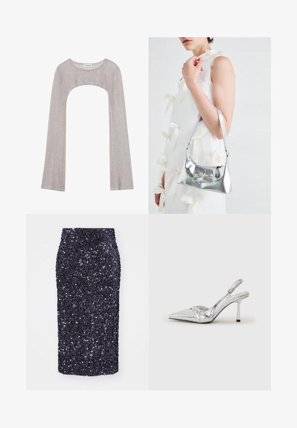 Hopeapintainen pitkähihainen paita, jossa on pyöreä pääntie ja leikattu kohta alapuolella. Valmistettu teksturoidusta kankaasta, jossa on vartalon myötäinen muotoilu ja levenevät hihat.; Violet sequindiininen kynähame, joka on muotoiltu istuvaksi. Silkkinen rakenne, polven pituinen, täydellisesti koristeltu pienillä, heijastavilla sequineilla.; Hopeakylkinen korkokenkä, jossa on terävä kärki, metallinhohtoinen viimeistely, kaksi koristeellista nauhaa ja hoikka korko mustalla kärjellä.; Harmaa metallinhohtoinen käsilaukku, jossa on jämäkkä muotoilu. Laukussa on yläkahva ja etuosassa kauniisti koristeena solmukkeen yksityiskohta. Pinnassa on sileä tekstuuri ja heijastava viimeistely.