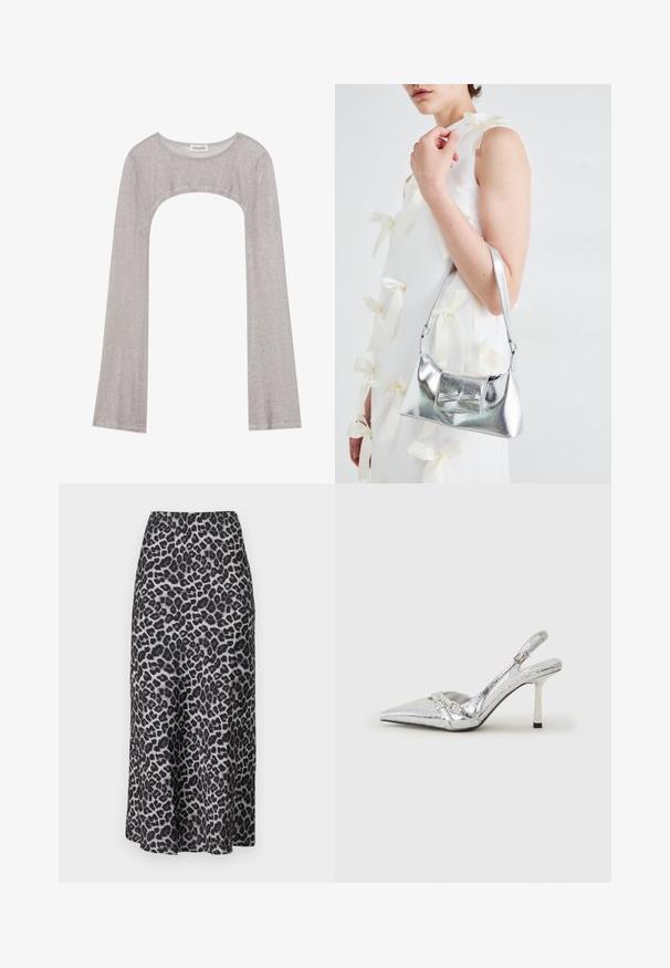 Sidabrinė ilgarankovė palaidinė su apvaliu iškirpimu ir išpjova apačioje. Pagaminta iš tekstūruoto audinio, pasižyminti prigludusia siluetu ir išsiplėtusiomis rankovėmis.; Leopardo rašto maksi sijonas iš lygios, lengvos medžiagos. Turi elastingą juosmenį ir lengvą siluetą, kuris tęsiasi iki kulkšnių.; Sidabriniai slingback aukštakulniai batai su smailia pavadinimu, metaliniu paviršiumi, dviem dekoratyvinėmis juostelėmis ir lieknu kulnu su juodu galiuku.; Sidabrinė metalinė rankinė su struktūrizuota forma, turinti viršutinę rankeną ir kaspiną priekyje. Lygi tekstūra, atspindinti apdaila.