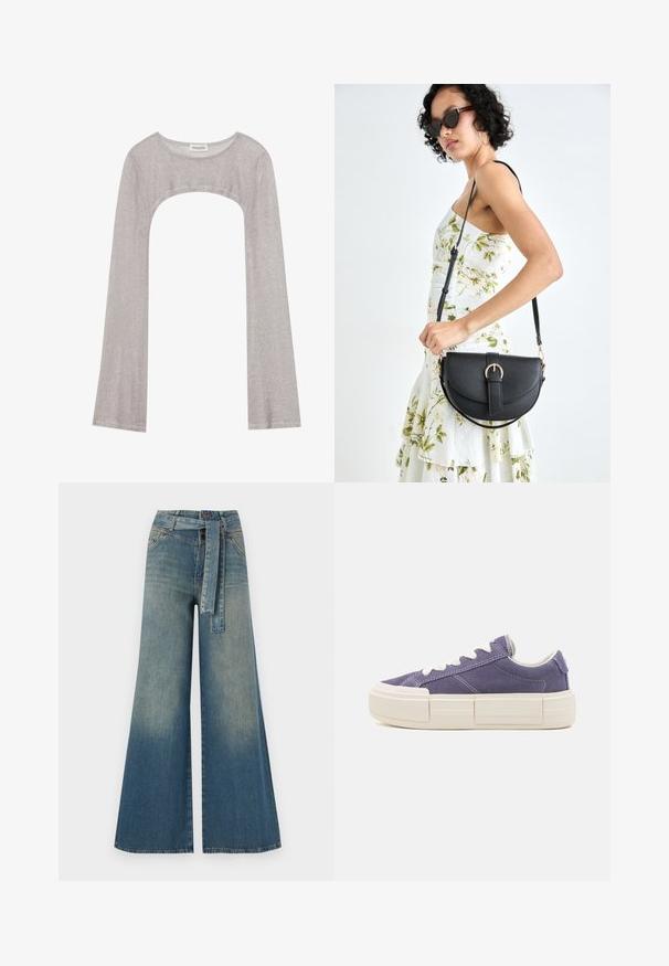 Silver long-sleeve top with a rounded neckline and cut-out below. Made of textured fabric, featuring a fitted design and flared sleeves.; Wide-leg denim trousers featuring a light to dark blue gradient, high waist, belt loops, and a matching fabric belt. Textured denim finish.; Purple suede sneaker with white laces, chunky cream sole, and contrasting stitching. Features a low-cut design and rounded toe.; Black leather handbag with a curved shape, detachable strap, and gold hardware. The bag features a flap with a buckle detail.