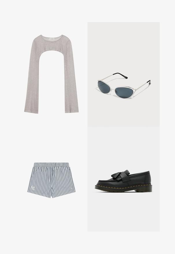 Sudraba garām piedurknēm augšdaļa ar noapaļotu dekoltē un izgriezumu zemāk. Izgatavota no teksturēta auduma, ar pieguļošu dizainu un plandošām piedurknēm.; Svītraini šorti gaiši zilos un baltos toņos, ar elastīgu jostu un sānu kabatām. Delikāts logotipa akcenti kreisajā kājā.; Melnas ādas mokasīni ar apaļu purngalu, piedāvā frizētus detalizējumus un dekoratīvu joslu priekšā, uz masīva papēža.; Saulesbrilles ar sudraba metāla rāmi, kaķa acs formas, tumšiem lēcu tonētiem un melnā krāsā ar uzgaļiem uz stariem. Tīrs, minimālisma dizains.; Sudraba riņķveida auskari ar gludu, pulētu apdari. Apaļas formas, viegla konstrukcija, ar drošu aizdari.