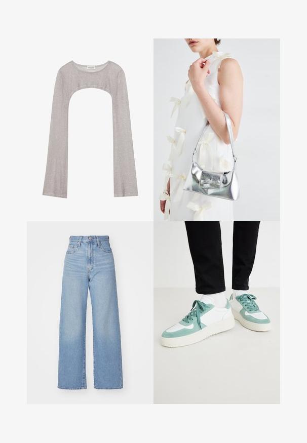 Silbernes Langarmoberteil mit rundem Ausschnitt und Cut-out darunter. Hergestellt aus strukturiertem Stoff, mit figurbetontem Design und ausladenden Ärmeln.; Hellblaue High-Waist-Weite-Leg-Jeans mit Knopf- und Reißverschluss vorne, Vorder- und Rückentaschen, auf weißem Hintergrund.; Hellmintgrüne und weiße Sneakers aus Wildleder und Mesh-Materialien, mit einer strukturierten Sohle und passenden Schnürsenkeln. Mit perforierten Details akzentuiert.; Silberne metallische Handtasche mit strukturierter Form, ausgestattet mit einem oberen Griff und einer Schleifenapplikation auf der Vorderseite. Glatte Textur, reflektierendes Finish.