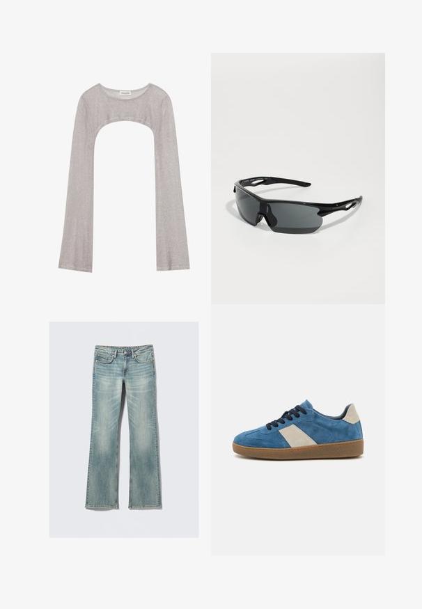 Sølv langermet topp med rund hals og utskjæring under. Laget av teksturert stoff, med en tettsittende design og utsvungne ermer.; Lys blå denimjeans med lett falming, fem lommer, glidelås, og rette ben på hvit bakgrunn.; Blå skinnsko med beige lærdetaljer, mørke lisser og en teksturert gummisåle; lav profil med rund tå.; Sorte sports solbriller med buede linser, lett plastramme og teksturerte stenger. Strømlinjeformet design med integrert nesepuss.; Svart vevd skinnveske med en slapp design, som har et knyttet stropp og en liten dekorativ gullnagle på toppen.