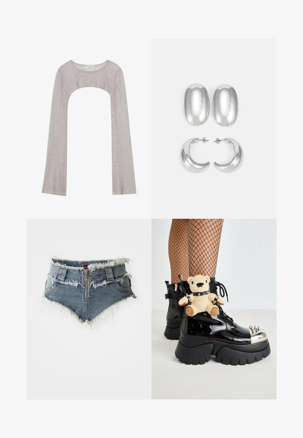 Sølv langermet topp med rund hals og utskjæring under. Laget av teksturert stoff, med en tettsittende design og utsvungne ermer.; Denimshorts med slitt kant, høyt liv, glidelås foran og to frontlommer. Materialet er en falmet blå denim med slitte detaljer.; Sorte lakkskinn kampestøvler med sølv tåhette, spikerdetaljer, kraftig svart såle og en myk bamse festet på siden.; Sølvfargede øredobber sett: to ovale stifter og to halvmåneformede hoops, med en glansfull, glatt overflate og en rund design.