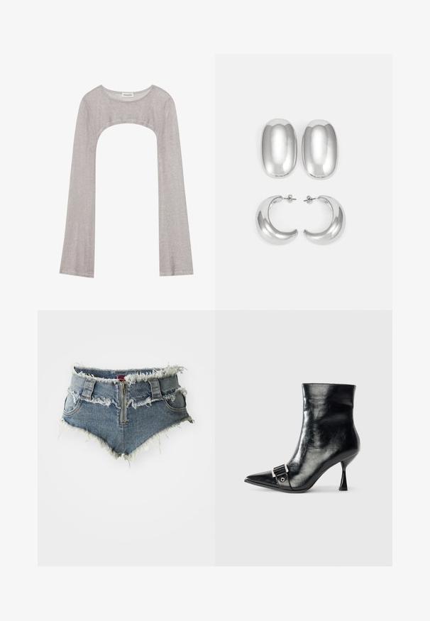 Ezüst hosszú ujjú felső kerek nyakkivágással és alul kivágott résszel. Texturált anyagból készült, testhezálló szabással és bővülő ujjakkal.; Farmernadrág rövidnadrág tépett szegéllyel, magas derékkal, cipzáras elülső záródással és két elülső zsebbel. Az anyag fakó kék farmer, viselt részletekkel.; Fekete bokacsizma fényes bőrből, hegyes orral, ezüst csattal és egyedi háromszög alakú sarokkal.; Ezüst színű fülbevaló szett: két ovális stud és két félhold alakú karika, fényes, sima felülettel és kerekdeden formával.