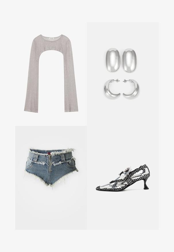 Ezüst hosszú ujjú felső kerek nyakkivágással és alul kivágott résszel. Texturált anyagból készült, testhezálló szabással és bővülő ujjakkal.; Farmernadrág rövidnadrág tépett szegéllyel, magas derékkal, cipzáras elülső záródással és két elülső zsebbel. Az anyag fakó kék farmer, viselt részletekkel.; Átlátszó sarkú cipő fekete és fehér mintás hálós borítással, hegyes orral és kis, szélesedő fekete sarkal. Virágos díszítések gazdagítják a designt.; Ezüst színű fülbevaló szett: két ovális stud és két félhold alakú karika, fényes, sima felülettel és kerekdeden formával.