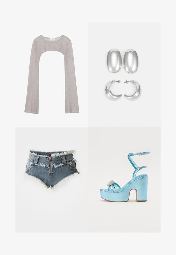 Ezüst hosszú ujjú felső kerek nyakkivágással és alul kivágott résszel. Texturált anyagból készült, testhezálló szabással és bővülő ujjakkal.; Farmernadrág rövidnadrág tépett szegéllyel, magas derékkal, cipzáras elülső záródással és két elülső zsebbel. Az anyag fakó kék farmer, viselt részletekkel.; Kék fémes platform szandál vastag talppal, keresztezett pántokkal és ékszer díszítéssel a lábujjaknál.; Ezüst színű fülbevaló szett: két ovális stud és két félhold alakú karika, fényes, sima felülettel és kerekdeden formával.