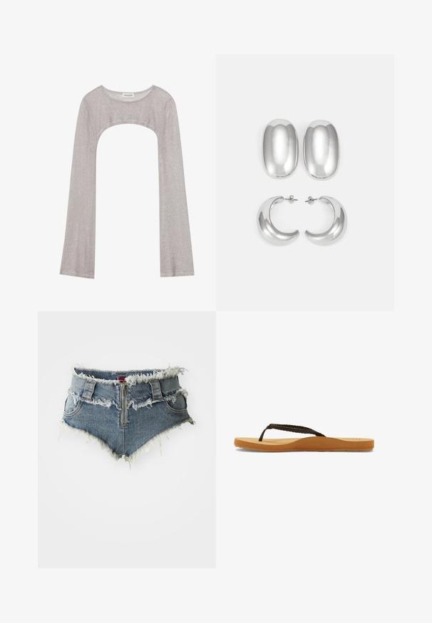Sølv langærmet top med rund halsudskæring og udskæring nedenfor. Lavet af tekstureret stof, med en tætsiddende design og flagrende ærmer.; Jeansshorts med frynset kant, høj talje, lynlås foran og to forlommer. Materialet er en falmet blå denim med slidte detaljer.; Brune flettede rem flip-flop med en blød sål og tan fodseng, der har et afrundet design og struktureret gummisål for godt greb.; Sølvfarvet øreringe sæt: to ovale studs og to halvmåneformede hoops, med en glat, blank finish og et afrundet design.